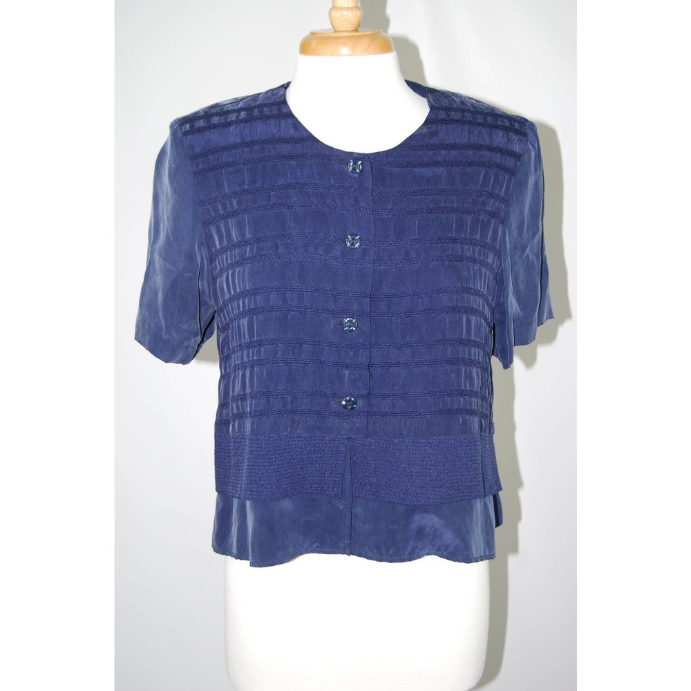80s Vintage Navy Blue Button Up Tiered Top Large